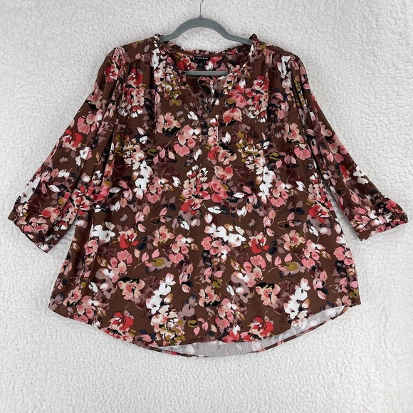 Torrid Brown Floral Print Rayon Twill Peasant Shirt Womens‎ 3/4 Sleeve Size 2X - Picture 1 of 16
